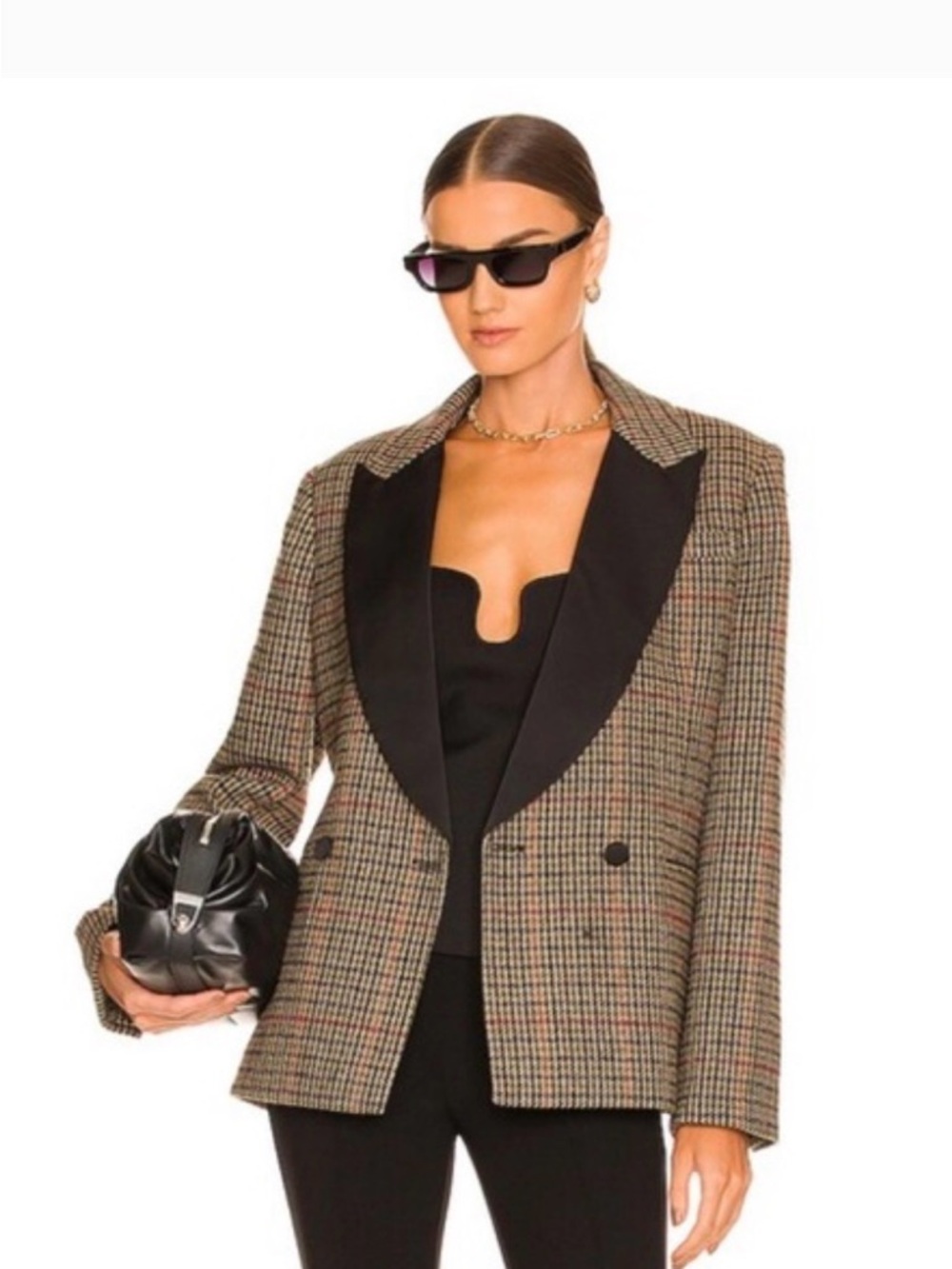 L'Academie Brown Glen Plaid Blazer with Black Satin Shawl Lapel